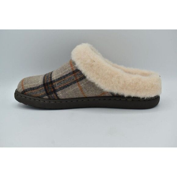 Born Womens Size 11 Ali Genuine Shearling Wool Trim White Plaid Slip On Slippers - Picture 10 of 12